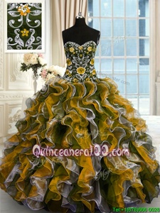 Fitting Multi-color Ball Gowns Sweetheart Sleeveless Organza Floor Length Lace Up Beading and Ruffles Sweet 16 Dresses