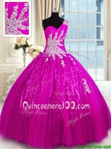 Fashionable One Shoulder Fuchsia Lace Up Quinceanera Gowns Appliques Sleeveless Floor Length