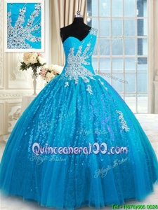 Amazing Baby Blue One Shoulder Lace Up Appliques Ball Gown Prom Dress Sleeveless