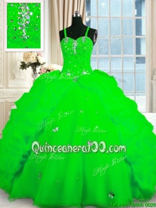 Spring Green Quince Ball Gowns Military Ball and Sweet 16 and Quinceanera and For withBeading and Pick Ups Spaghetti Straps Sleeveless Lace Up