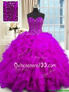 Deluxe Sleeveless Lace Up Floor Length Beading and Ruffles and Sequins 15 Quinceanera Dress