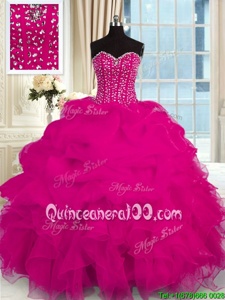 Admirable Fuchsia Sleeveless Floor Length Beading and Ruffles Lace Up Quinceanera Dresses