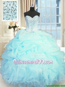 Dramatic Light Blue Organza Lace Up Sweetheart Sleeveless Floor Length Sweet 16 Quinceanera Dress Beading and Ruffles and Pick Ups