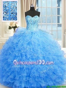 Customized Sleeveless Floor Length Beading and Ruffles Lace Up 15th Birthday Dress with Baby Blue
