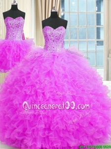 Three Piece Lilac Lace Up Strapless Beading and Ruffles 15 Quinceanera Dress Tulle Sleeveless