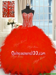 Extravagant Red Quinceanera Dresses Military Ball and Sweet 16 and Quinceanera and For withBeading and Ruffles Strapless Sleeveless Lace Up