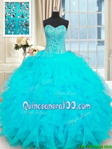 Deluxe Baby Blue Organza Lace Up Quinceanera Dress Sleeveless Floor Length Beading and Ruffles