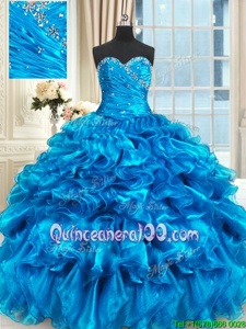 Custom Fit Baby Blue Organza Lace Up Quince Ball Gowns Sleeveless Floor Length Beading and Ruffles