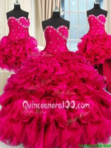 Fine Four Piece Hot Pink Organza Lace Up Quince Ball Gowns Sleeveless Floor Length Beading and Ruffles and Ruching