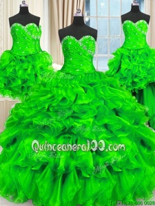 Custom Design Four Piece Sleeveless Organza Floor Length Lace Up Quinceanera Gown inSpring Green forSpring and Summer and Fall and Winter withBeading and Ruffles and Ruching