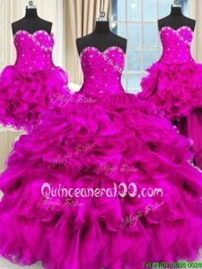 Excellent Four Piece Fuchsia Organza Lace Up Sweetheart Sleeveless Floor Length Sweet 16 Dresses Beading and Ruffles and Ruching