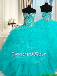Glorious Baby Blue Sleeveless Floor Length Beading and Ruffles Lace Up Quinceanera Gown