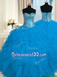 Fabulous Blue Ball Gowns Beading and Ruffles 15th Birthday Dress Lace Up Organza Sleeveless Floor Length