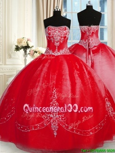Red Tulle Lace Up Strapless Sleeveless Floor Length Quinceanera Dress Beading and Embroidery