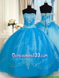 Sophisticated Baby Blue Ball Gowns Tulle Strapless Sleeveless Embroidery Floor Length Lace Up Vestidos de Quinceanera