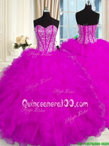 Sweet Beading and Ruffles Sweet 16 Dresses Fuchsia Lace Up Sleeveless Floor Length