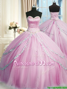 Glorious Sleeveless With Train Beading and Appliques Lace Up Quince Ball Gowns with Lilac Court Train