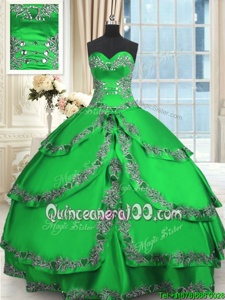 Custom Designed Green Ball Gowns Beading and Embroidery and Ruffled Layers Ball Gown Prom Dress Lace Up Taffeta Sleeveless Floor Length