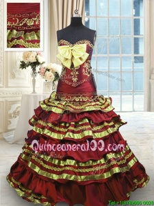 Suitable Wine Red Taffeta Lace Up Quinceanera Gowns Sleeveless Sweep Train Appliques and Embroidery and Ruffled Layers and Bowknot