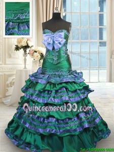 Adorable Mermaid Dark Green Taffeta Lace Up Quinceanera Gowns Sleeveless Brush Train Appliques and Embroidery and Ruffled Layers and Bowknot