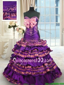 Wonderful Mermaid Purple Sweetheart Lace Up Appliques and Ruffled Layers and Bowknot Quince Ball Gowns Brush Train Sleeveless