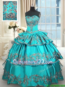 Deluxe Ruffled Aqua Blue Sleeveless Taffeta Lace Up Quinceanera Gowns forMilitary Ball and Sweet 16 and Quinceanera