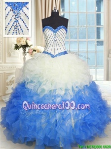 Designer Floor Length Blue And White 15th Birthday Dress Organza Sleeveless Spring and Summer and Fall and Winter Beading and Ruffles