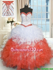 Sweetheart Sleeveless Sweet 16 Dress Floor Length Beading and Ruffles White And Red Organza
