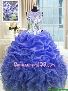Glittering Scoop Beading and Ruffles Quinceanera Dresses Blue Zipper Sleeveless Floor Length