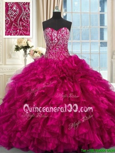 Nice Sweetheart Sleeveless Brush Train Lace Up Ball Gown Prom Dress Fuchsia Organza