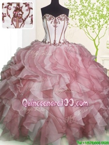 Admirable Pink And White Sleeveless Ruffles Floor Length Quince Ball Gowns