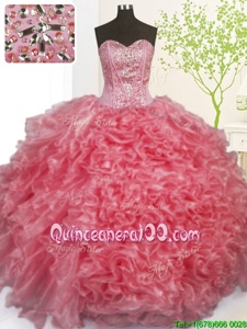 Elegant Floor Length Lace Up Quinceanera Gowns Rose Pink and In forMilitary Ball and Sweet 16 and Quinceanera withBeading and Ruffles and Pick Ups
