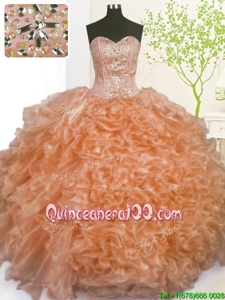 On Sale Organza Sweetheart Sleeveless Lace Up Beading and Ruffles and Pick Ups Quinceanera Dresses inPeach