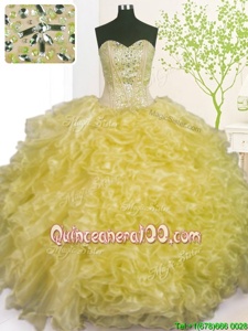 Free and Easy Light Yellow Organza Lace Up Quince Ball Gowns Sleeveless Floor Length Beading and Ruffles and Pick Ups