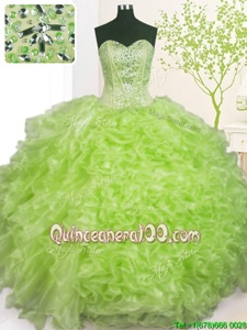 Simple Yellow Green Organza Lace Up Sweetheart Sleeveless Floor Length 15 Quinceanera Dress Beading and Ruffles and Pick Ups