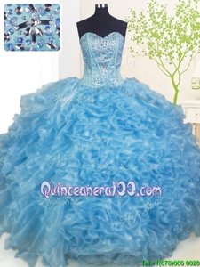 Baby Blue Ball Gowns Beading and Ruffles and Pick Ups Vestidos de Quinceanera Lace Up Organza Sleeveless Floor Length