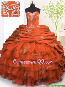 Unique Pick Ups Ruffled Brush Train Ball Gowns Sweet 16 Dresses Orange Red Strapless Organza and Taffeta Sleeveless With Train Lace Up