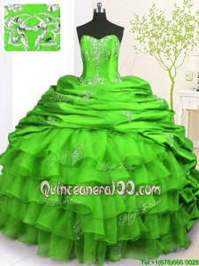 Yellow Green Organza and Taffeta Lace Up Strapless Sleeveless With Train Quinceanera Gowns Brush Train Beading and Appliques and Ruffled Layers and Pick Ups