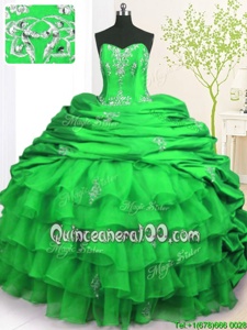Edgy Green Quinceanera Gowns Military Ball and Sweet 16 and Quinceanera and For withBeading and Appliques and Ruffled Layers and Pick Ups Strapless Sleeveless Brush Train Lace Up