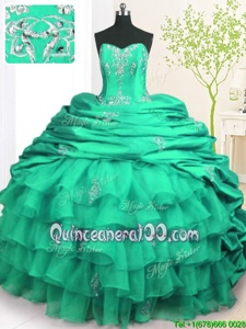 Turquoise Strapless Neckline Beading and Appliques and Ruffled Layers and Pick Ups Sweet 16 Dresses Sleeveless Lace Up