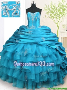 Noble Pick Ups Ruffled With Train Ball Gowns Sleeveless Teal Quinceanera Dresses Brush Train Lace Up