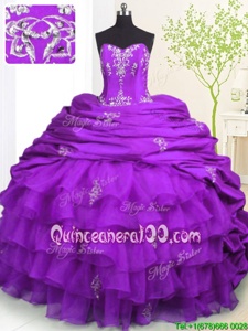 Pretty Strapless Sleeveless Organza and Taffeta Vestidos de Quinceanera Beading and Appliques and Ruffled Layers and Pick Ups Brush Train Lace Up