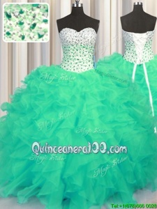 Super Turquoise Ball Gowns Sweetheart Sleeveless Organza Floor Length Lace Up Beading and Ruffles 15th Birthday Dress