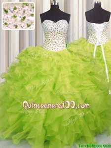 Decent Yellow Green Organza Lace Up 15 Quinceanera Dress Sleeveless Floor Length Beading and Ruffles