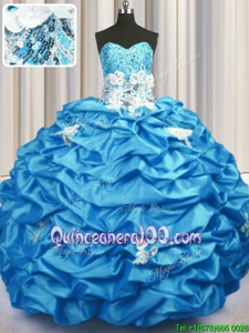 Simple Aqua Blue Ball Gowns Taffeta Sweetheart Sleeveless Appliques and Sequins and Pick Ups With Train Lace Up Vestidos de Quinceanera Brush Train