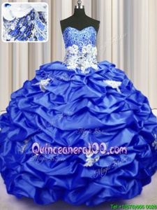 Royal Blue Sleeveless With Train Appliques and Sequins and Pick Ups Lace Up Sweet 16 Dresses