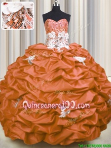 Great Sleeveless With Train Appliques and Sequins and Pick Ups Lace Up Quinceanera Dresses with Orange Brush Train