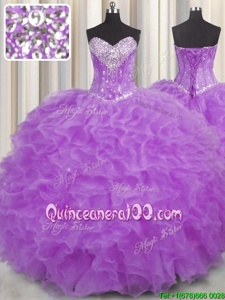 Lovely Halter Top Purple Sleeveless Floor Length Beading and Ruffles Lace Up Sweet 16 Quinceanera Dress