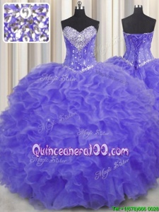 Pretty Lavender Sweetheart Neckline Beading and Ruffles Sweet 16 Dresses Sleeveless Lace Up