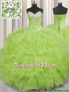 Cute Yellow Green Ball Gowns Beading and Ruffles Sweet 16 Dress Lace Up Organza Sleeveless Floor Length